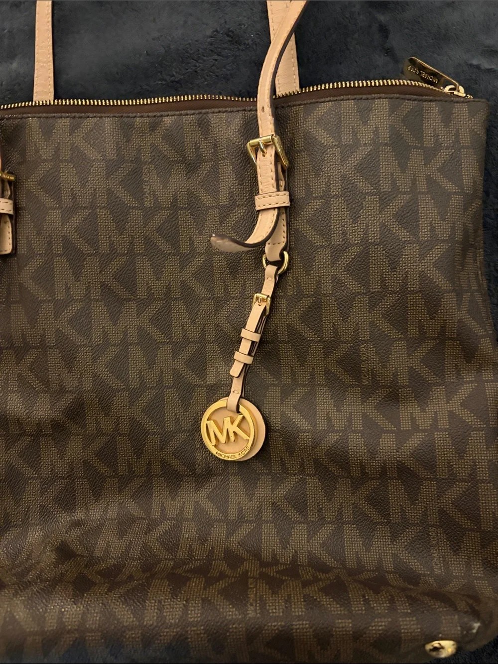 Michael Kors Brown MK Signature Tote with Pale Pink Handles and Gold Charm